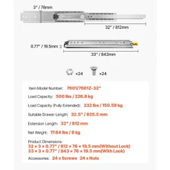 VEVOR Set of Two Drawer Rails, Sizes Ranging from 16 to 60 inches, 500 lbs Weight Tolerance, Ball Bearing Equipped with Locking Mechanism, Side Mounted Slide Rail