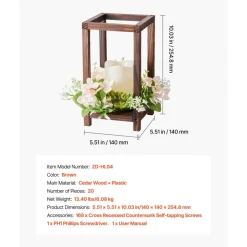 VEVOR 20 Set/60 Pcs Wooden Wedding Lantern Centerpiece, Includes 20 Wooden Lantern Candle Holder 20 Flameless LED Candle 20 Champagne Flower Wreath for Wedding Table Party Farmhouse Decor, Brown