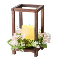 VEVOR 10 Set/30 Pcs Wooden Wedding Lantern Centerpiece, Includes 10 Wooden Lantern Candle Holder 10 Flameless LED Candle 10 Champagne Flower Wreath for Wedding Table Party Farmhouse Decor, Brown