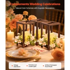 VEVOR 10 Set/30 Pcs Wooden Wedding Lantern Centerpiece, Includes 10 Wooden Lantern Candle Holder 10 Flameless LED Candle 10 Champagne Flower Wreath for Wedding Table Party Farmhouse Decor, Brown