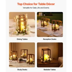 VEVOR 10 Set/30 Pcs Wooden Wedding Lantern Centerpiece, Includes 10 Wooden Lantern Candle Holder 10 Flameless LED Candle 10 Champagne Flower Wreath for Wedding Table Party Farmhouse Decor, Brown
