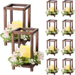 VEVOR 10 Set/30 Pcs Wooden Wedding Lantern Centerpiece, Includes 10 Wooden Lantern Candle Holder 10 Flameless LED Candle 10 Champagne Flower Wreath for Wedding Table Party Farmhouse Decor, Brown