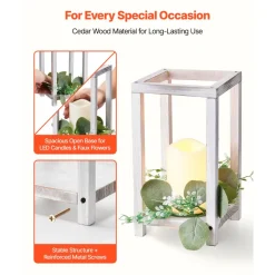 VEVOR 12 Set/36 Pcs Wooden Wedding Lantern Centerpiece, Includes 12 Wooden Lantern Candle Holder 12 Flameless LED Candle 12 Eucalyptus Leaves Wreath for Wedding Table Party Farmhouse Decor, White
