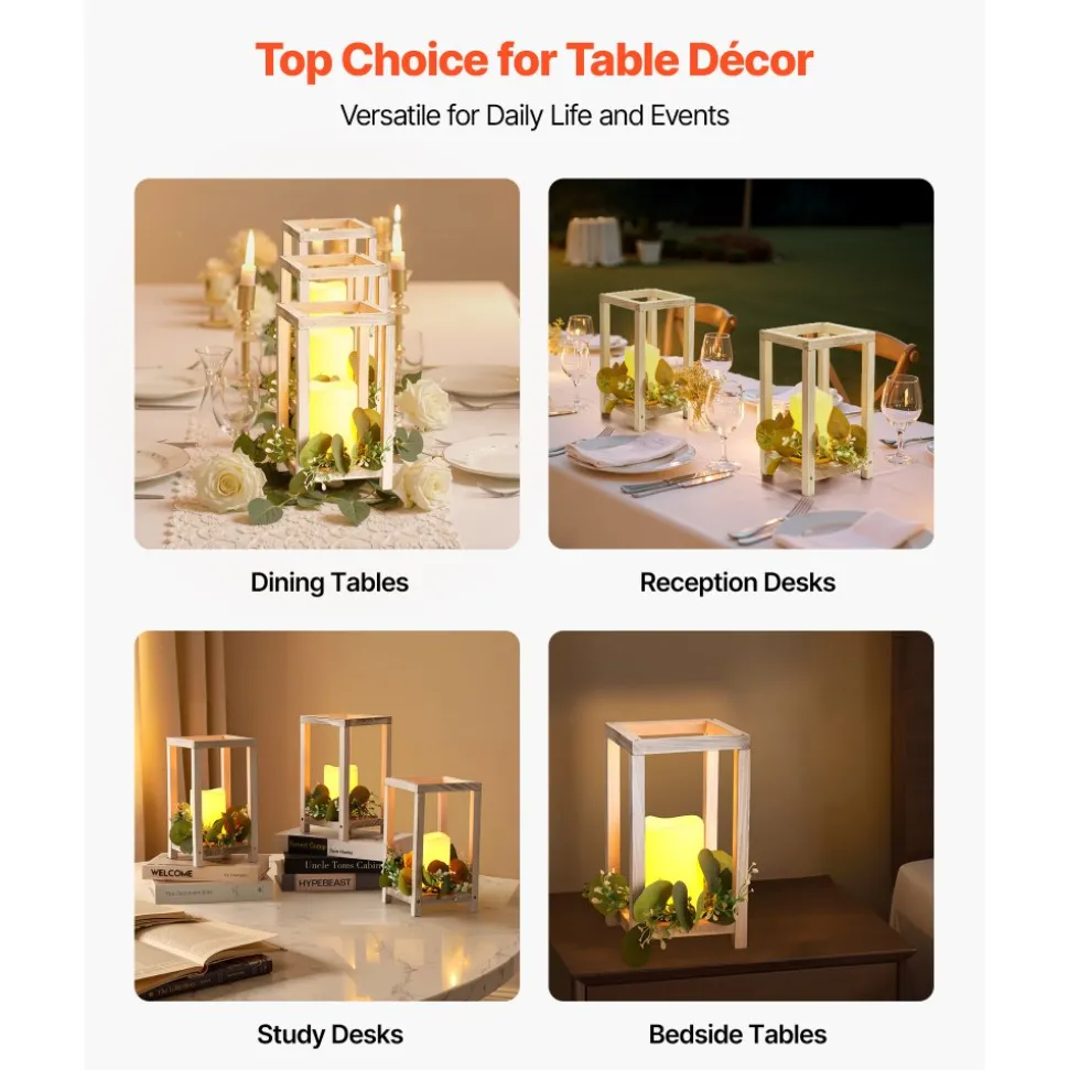 VEVOR 12 Set/36 Pcs Wooden Wedding Lantern Centerpiece, Includes 12 Wooden Lantern Candle Holder 12 Flameless LED Candle 12 Eucalyptus Leaves Wreath for Wedding Table Party Farmhouse Decor, White