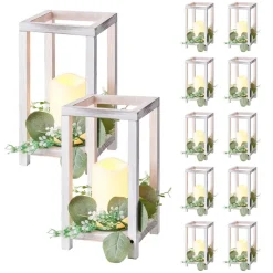 VEVOR 12 Set/36 Pcs Wooden Wedding Lantern Centerpiece, Includes 12 Wooden Lantern Candle Holder 12 Flameless LED Candle 12 Eucalyptus Leaves Wreath for Wedding Table Party Farmhouse Decor, White