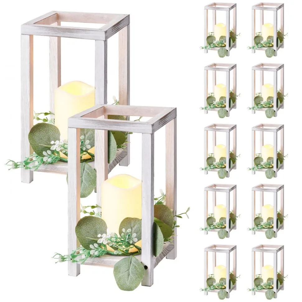 VEVOR 12 Set/36 Pcs Wooden Wedding Lantern Centerpiece, Includes 12 Wooden Lantern Candle Holder 12 Flameless LED Candle 12 Eucalyptus Leaves Wreath for Wedding Table Party Farmhouse Decor, White