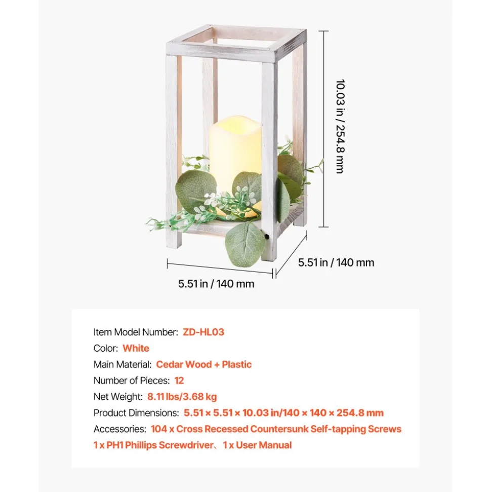 VEVOR 12 Set/36 Pcs Wooden Wedding Lantern Centerpiece, Includes 12 Wooden Lantern Candle Holder 12 Flameless LED Candle 12 Eucalyptus Leaves Wreath for Wedding Table Party Farmhouse Decor, White