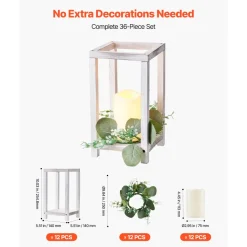 VEVOR 12 Set/36 Pcs Wooden Wedding Lantern Centerpiece, Includes 12 Wooden Lantern Candle Holder 12 Flameless LED Candle 12 Eucalyptus Leaves Wreath for Wedding Table Party Farmhouse Decor, White