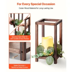 VEVOR 12 Set/36 Pcs Wooden Wedding Lantern Centerpiece, Includes 12 Wooden Lantern Candle Holder 12 Flameless LED Candle 12 Eucalyptus Leaves Wreath for Wedding Table Party Farmhouse Decor, Brown