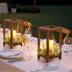 VEVOR 12 Set/36 Pcs Wooden Wedding Lantern Centerpiece, Includes 12 Wooden Lantern Candle Holder 12 Flameless LED Candle 12 Eucalyptus Leaves Wreath for Wedding Table Party Farmhouse Decor, Brown