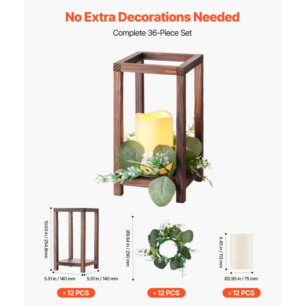 VEVOR 12 Set/36 Pcs Wooden Wedding Lantern Centerpiece, Includes 12 Wooden Lantern Candle Holder 12 Flameless LED Candle 12 Eucalyptus Leaves Wreath for Wedding Table Party Farmhouse Decor, Brown