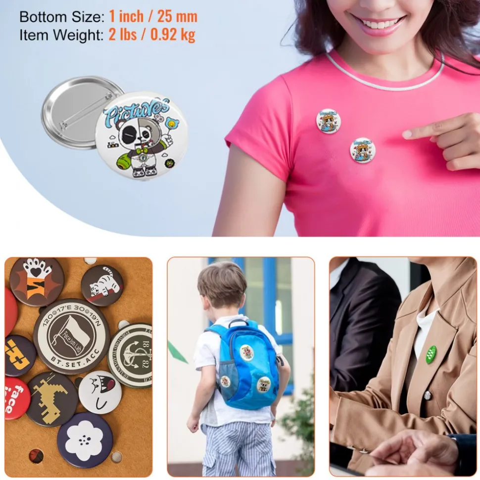 VEVOR 500 Sets 1 inch 25mm Pin Back Button Parts, DIY Round Button Badge Parts, Set Includes Metal Top, Plastic/Metal Button, Clear Film, and Blank Paper For Gifts Presents, Machine NOT Included