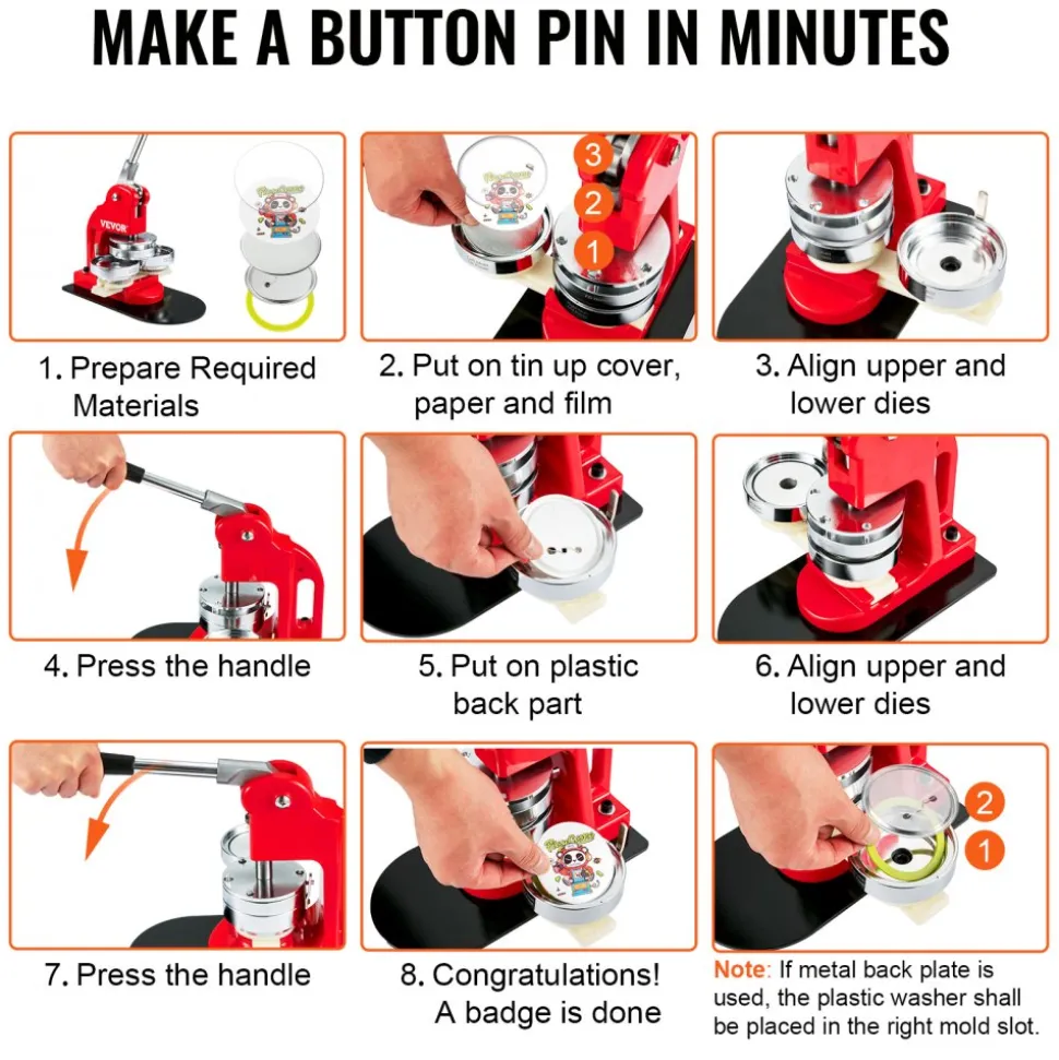 VEVOR 500 Sets 1 inch 25mm Pin Back Button Parts, DIY Round Button Badge Parts, Set Includes Metal Top, Plastic/Metal Button, Clear Film, and Blank Paper For Gifts Presents, Machine NOT Included