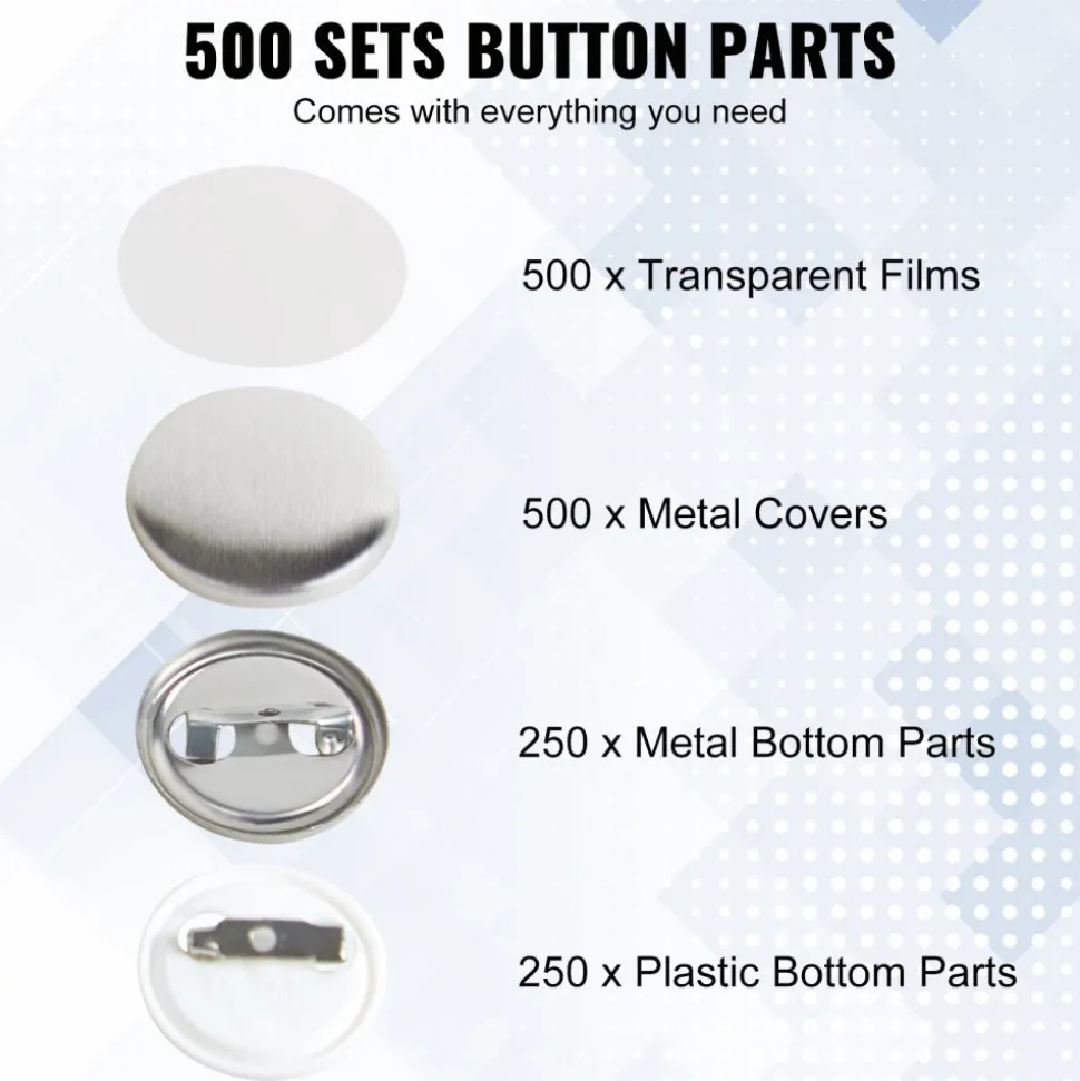 VEVOR 500 Sets 1 inch 25mm Pin Back Button Parts, DIY Round Button Badge Parts, Set Includes Metal Top, Plastic/Metal Button, Clear Film, and Blank Paper For Gifts Presents, Machine NOT Included
