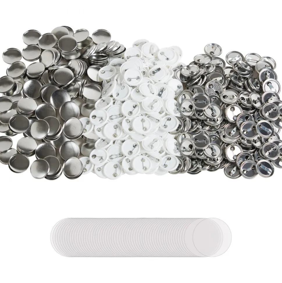VEVOR 500 Sets 1 inch 25mm Pin Back Button Parts, DIY Round Button Badge Parts, Set Includes Metal Top, Plastic/Metal Button, Clear Film, and Blank Paper For Gifts Presents, Machine NOT Included