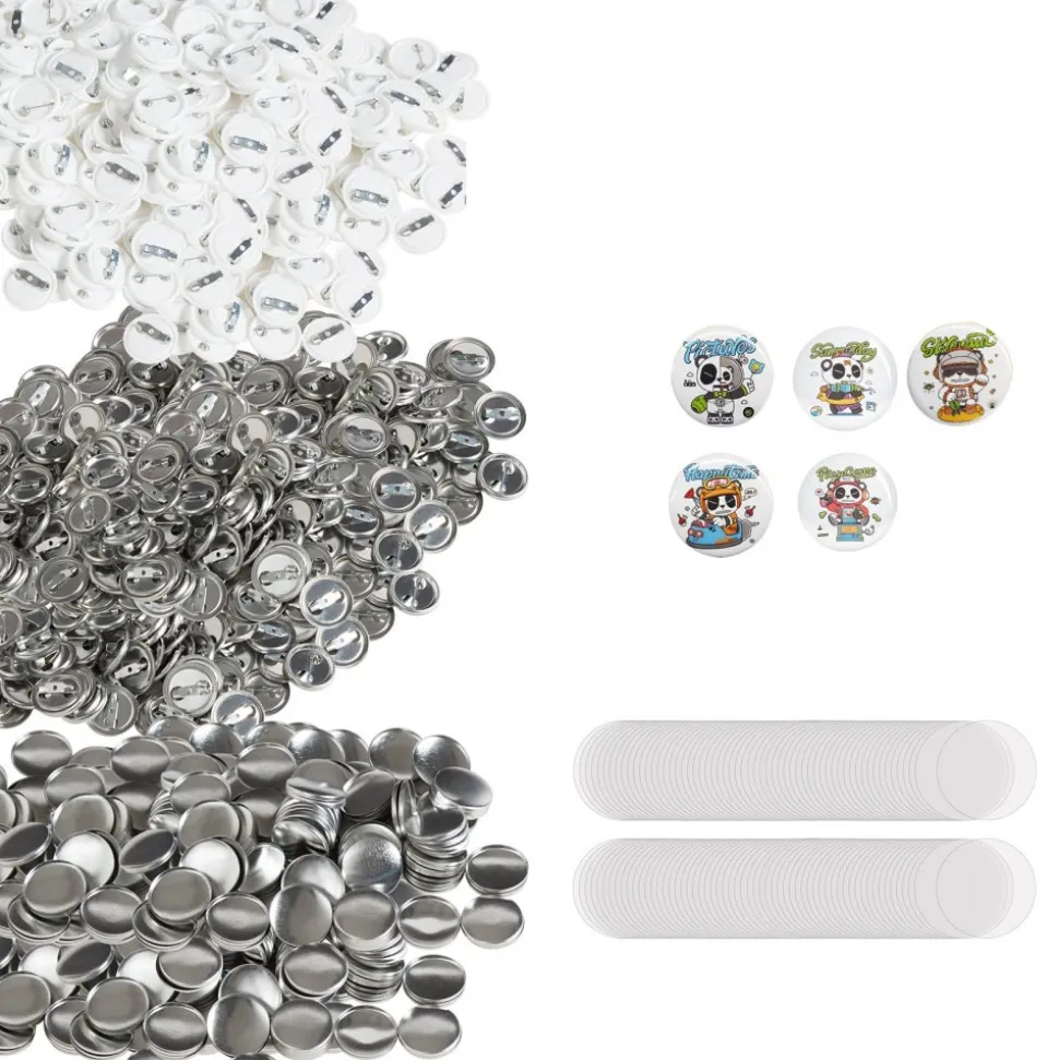 VEVOR 500 Sets 1 inch 25mm Pin Back Button Parts, DIY Round Button Badge Parts, Set Includes Metal Top, Plastic/Metal Button, Clear Film, and Blank Paper For Gifts Presents, Machine NOT Included