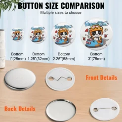 VEVOR 500 Sets 1.25 inch 32mm Pin Back Button Parts, DIY Round Button Badge Parts, Set Includes Metal Top, Plastic/Metal Button, Clear Film, and Blank Paper For Gifts Presents, Machine NOT Included