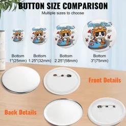 VEVOR 500 Sets 2.25 inch 58mm Pin Back Button Parts, DIY Round Button Badge Parts, Set Includes Metal Top, Plastic/Metal Button, Clear Film, and Blank Paper For Gifts Presents, Machine NOT Included