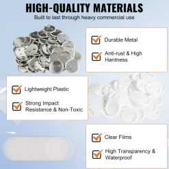 VEVOR 500 Sets 2.25 inch 58mm Pin Back Button Parts, DIY Round Button Badge Parts, Set Includes Metal Top, Plastic/Metal Button, Clear Film, and Blank Paper For Gifts Presents, Machine NOT Included