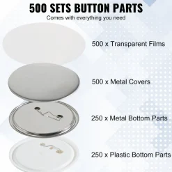 VEVOR 500 Sets 2.25 inch 58mm Pin Back Button Parts, DIY Round Button Badge Parts, Set Includes Metal Top, Plastic/Metal Button, Clear Film, and Blank Paper For Gifts Presents, Machine NOT Included