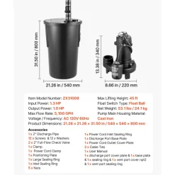 VEVOR Sewage Grinder System, 1 HP, 5100 GPH Cast Iron Sewage Pump with Basin, Grinding Blade, 120V Automatic Outdoor Water/Seepage Collection and Removal System with Float Switch, 2" Discharge, Black