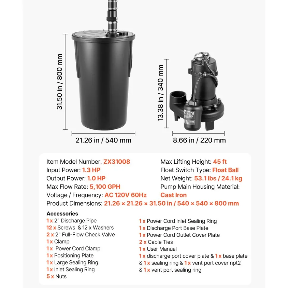 VEVOR Sewage Grinder System, 1 HP, 5100 GPH Cast Iron Sewage Pump with Basin, Grinding Blade, 120V Automatic Outdoor Water/Seepage Collection and Removal System with Float Switch, 2" Discharge, Black