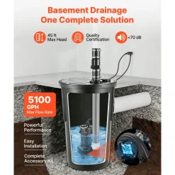 VEVOR Sewage Grinder System, 1 HP, 5100 GPH Cast Iron Sewage Pump with Basin, Grinding Blade, 120V Automatic Outdoor Water/Seepage Collection and Removal System with Float Switch, 2