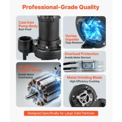 VEVOR Sewage Grinder System, 1 HP, 5100 GPH Cast Iron Sewage Pump with Basin, Grinding Blade, 120V Automatic Outdoor Water/Seepage Collection and Removal System with Float Switch, 2