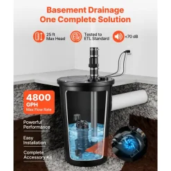 VEVOR Sewage Pump System, 1/2 HP, 4800 GPH Cast Iron Sewage Pump with Basin Kit, 120 Volt Automatic Outdoor Water/Seepage Collection and Removal System with Vertical Float Switch, 2" Discharge, Black