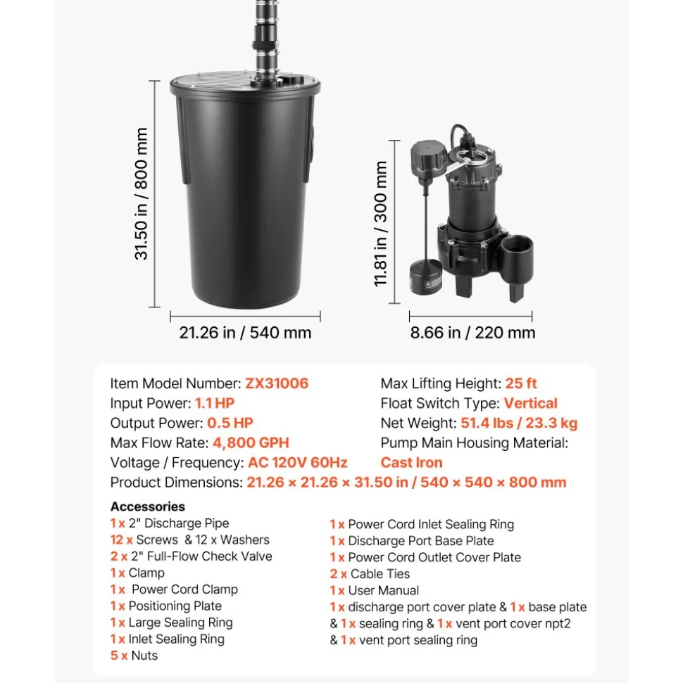 VEVOR Sewage Pump System, 1/2 HP, 4800 GPH Cast Iron Sewage Pump with Basin Kit, 120 Volt Automatic Outdoor Water/Seepage Collection and Removal System with Vertical Float Switch, 2" Discharge, Black