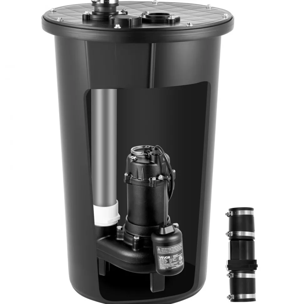 VEVOR Sewage Pump System, 1/2 HP, 4800 GPH Cast Iron Sewage Pump with Basin Kit, 120 Volt, Automatic On/Off Outdoor Water/Seepage Collection and Removal System with Float Switch, 2" Discharge, Black