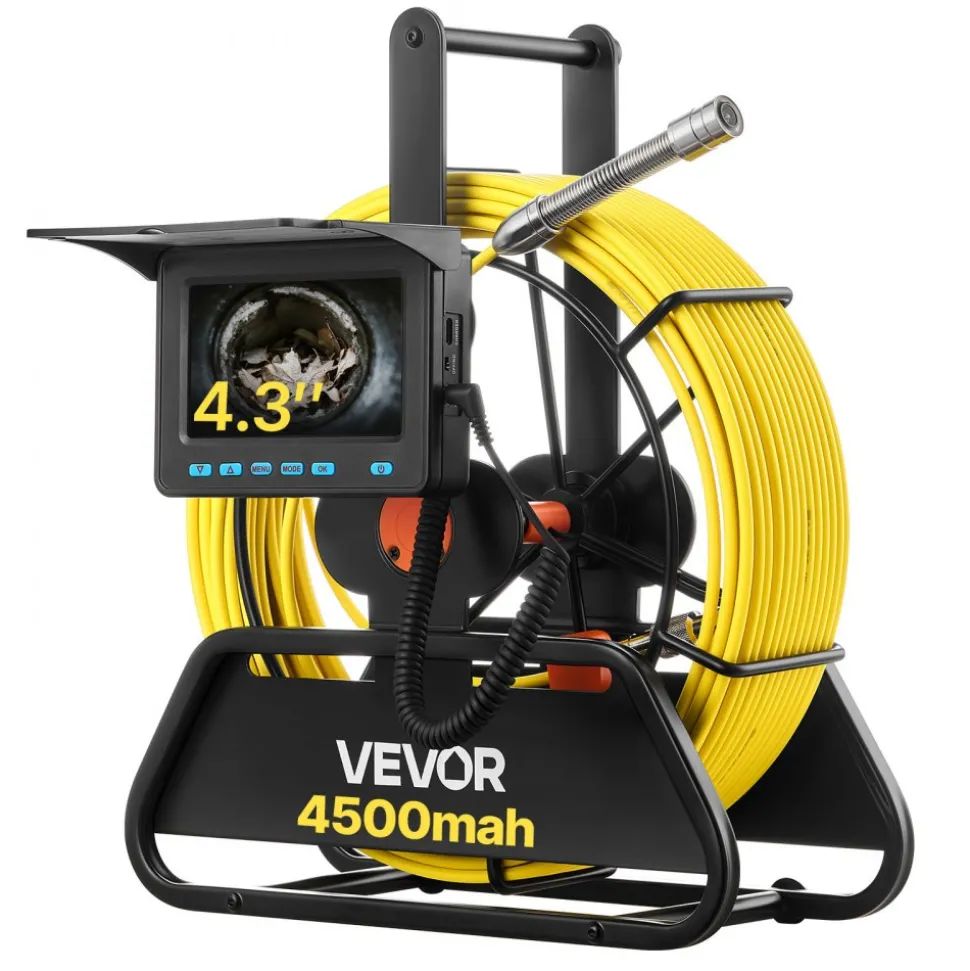 VEVOR Sewer Camera, 98 ft/30m, 4.3" Drain Inspection Camera, IP68 Waterproof Snake Plumbing Camera with Lights - 6 Adjustable LEDs, 4500mAh Battery & 16GB Card for Sewer Line Duct Pipes