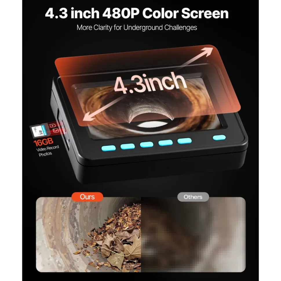 VEVOR Sewer Camera, 66ft/20M 4.3" Pipe Drain Inspection Camera with DVR Function & Snake Cable, Waterproof IP68 Borescope w/LED Lights, Industrial Endoscope for Home Wall Duct Drain Pipe Plumbing