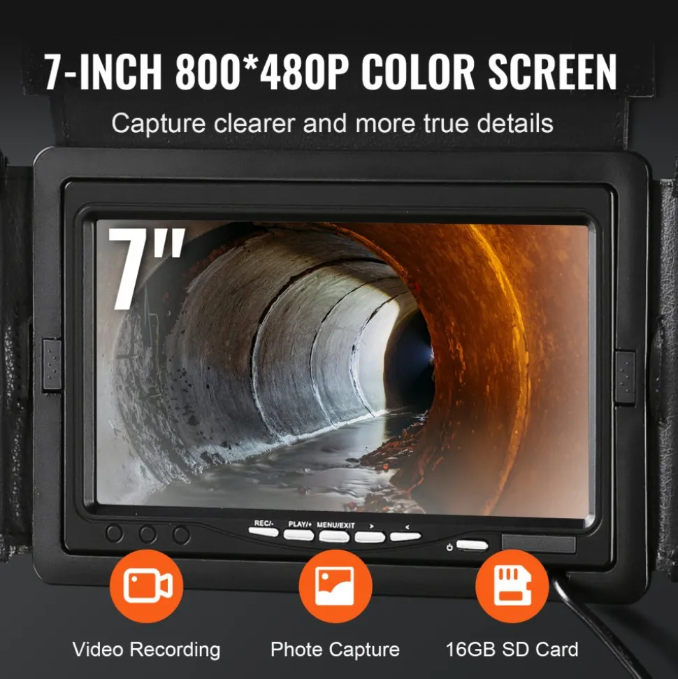 VEVOR Sewer Camera, 165 ft/50 m, 7" Screen Pipeline Inspection Camera with DVR Function, Waterproof IP68 Camera, 12pcs Adjustable LED, with a 16 GB SD Card for Sewer Line, Duct Drain Pipe Plumbing