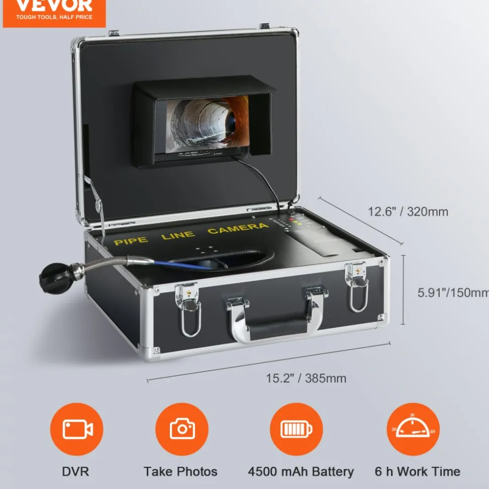 VEVOR Sewer Camera, 165 ft/50 m, 7" Screen Pipeline Inspection Camera with DVR Function, Waterproof IP68 Camera, 12pcs Adjustable LED, with a 16 GB SD Card for Sewer Line, Duct Drain Pipe Plumbing