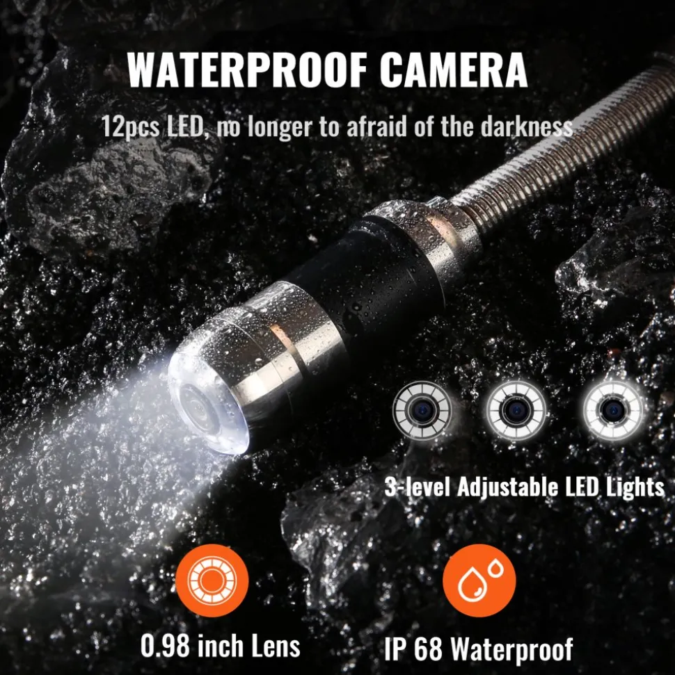 VEVOR Sewer Camera, 165 ft/50 m, 7" Screen Pipeline Inspection Camera with DVR Function, Waterproof IP68 Camera, 12pcs Adjustable LED, with a 16 GB SD Card for Sewer Line, Duct Drain Pipe Plumbing
