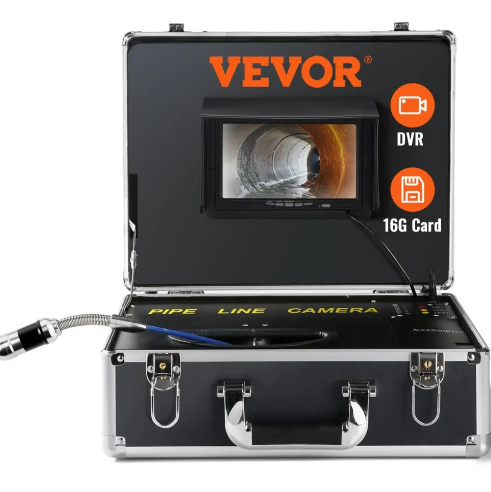 VEVOR Sewer Camera, 165 ft/50 m, 7" Screen Pipeline Inspection Camera with DVR Function, Waterproof IP68 Camera, 12pcs Adjustable LED, with a 16 GB SD Card for Sewer Line, Duct Drain Pipe Plumbing