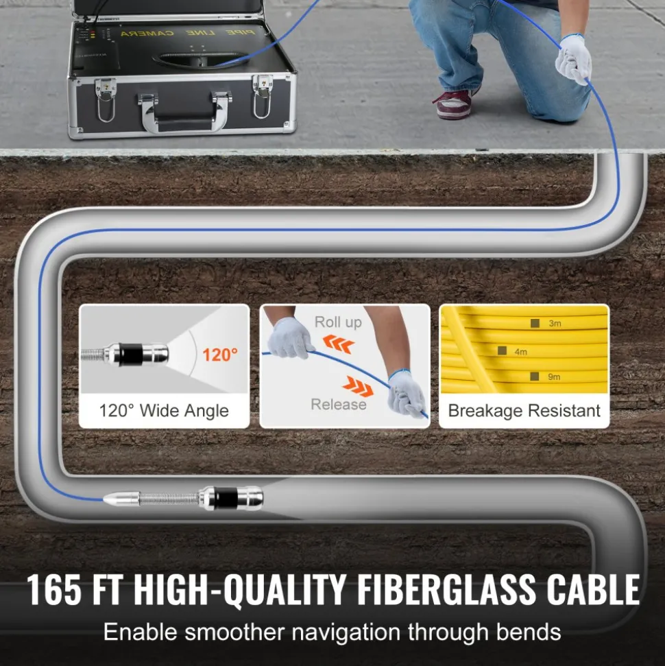 VEVOR Sewer Camera, 165 ft/50 m, 7" Screen Pipeline Inspection Camera with DVR Function, Waterproof IP68 Camera, 12pcs Adjustable LED, with a 16 GB SD Card for Sewer Line, Duct Drain Pipe Plumbing