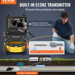 VEVOR Sewer Camera, 230 ft/70m, Self-Leveling Drain Camera with 512Hz Transmitter, Distance Counter, 9" Screen 1080P HD Snake Plumbing Camera with Light-12 LED & 32GB Card for Duct Pipe