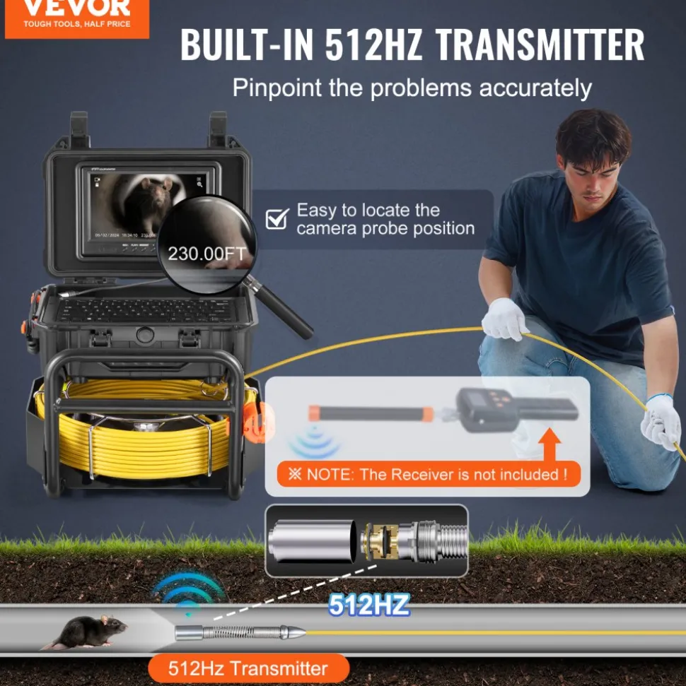 VEVOR Sewer Camera, 230 ft/70m, Self-Leveling Drain Camera with 512Hz Transmitter, Distance Counter, 9" Screen 1080P HD Snake Plumbing Camera with Light-12 LED & 32GB Card for Duct Pipe