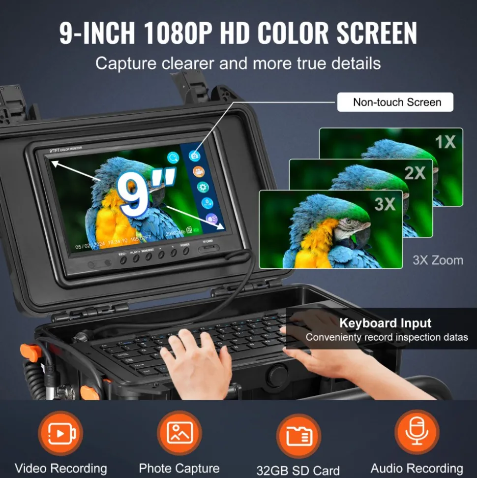 VEVOR Sewer Camera, 230 ft/70m, Self-Leveling Drain Camera with 512Hz Transmitter, Distance Counter, 9" Screen 1080P HD Snake Plumbing Camera with Light-12 LED & 32GB Card for Duct Pipe