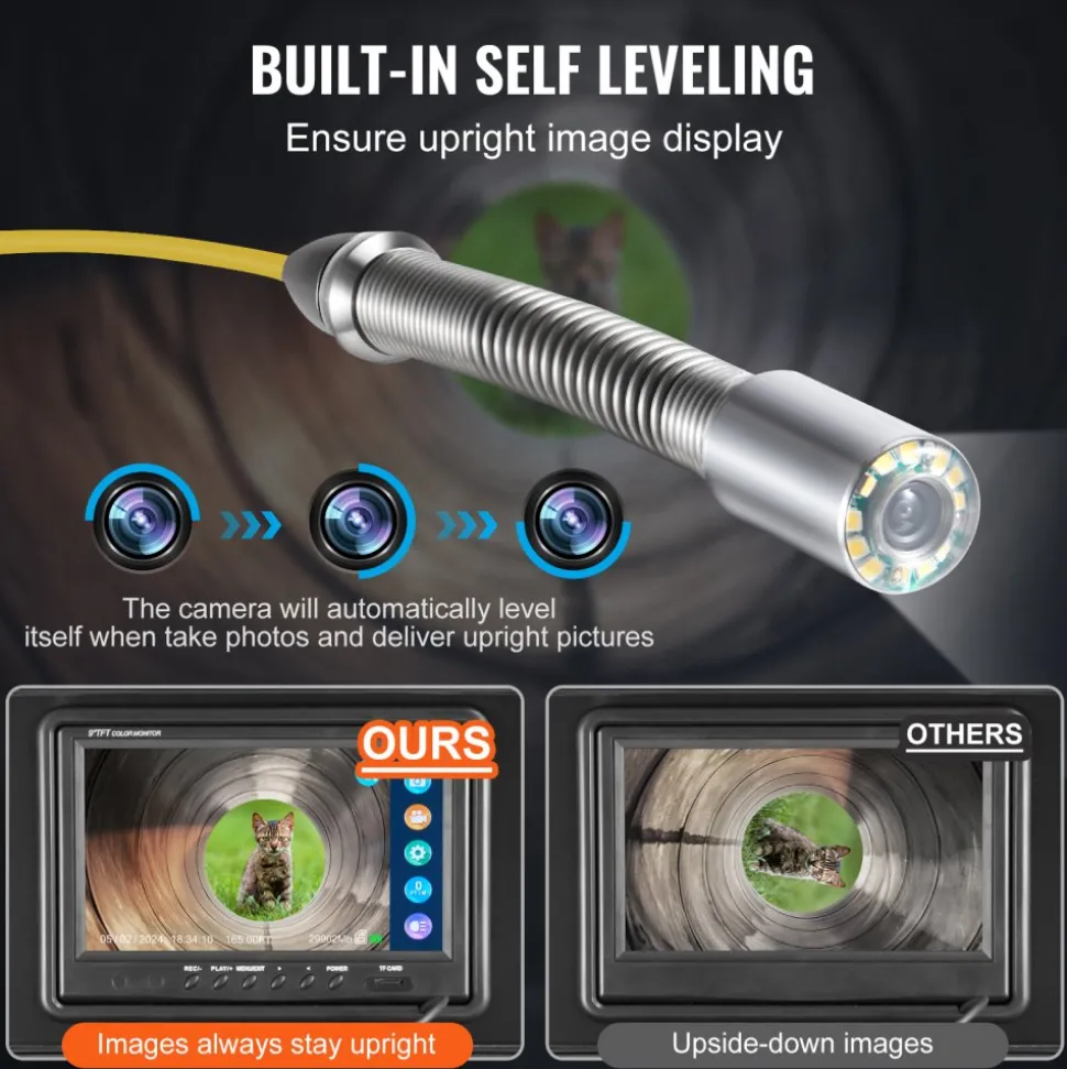 VEVOR Sewer Camera, 230 ft/70m, Self-Leveling Drain Camera with 512Hz Transmitter, Distance Counter, 9" Screen 1080P HD Snake Plumbing Camera with Light-12 LED & 32GB Card for Duct Pipe