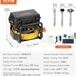 VEVOR Sewer Camera, 230 ft/70m, Self-Leveling Drain Camera with 512Hz Transmitter, Distance Counter, 9