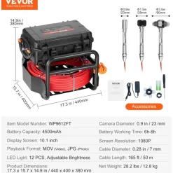 VEVOR Sewer Camera, 165 ft/50m, Self-Leveling Drain Camera with 10.1" Touchscreen, 512Hz Transmitter & Distance Counter, IP67 Snake Plumbing Camera with Lights-12 LED, 32GB Card for Duct Pipe