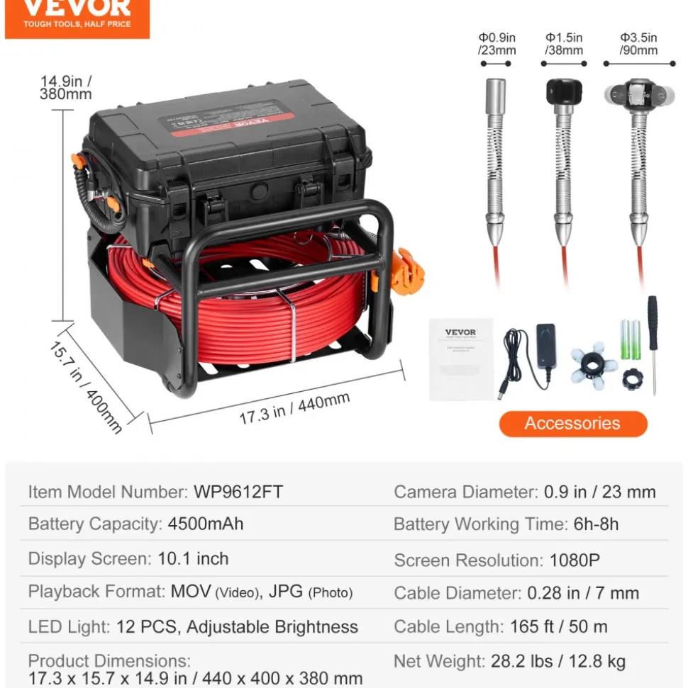 VEVOR Sewer Camera, 165 ft/50m, Self-Leveling Drain Camera with 10.1" Touchscreen, 512Hz Transmitter & Distance Counter, IP67 Snake Plumbing Camera with Lights-12 LED, 32GB Card for Duct Pipe