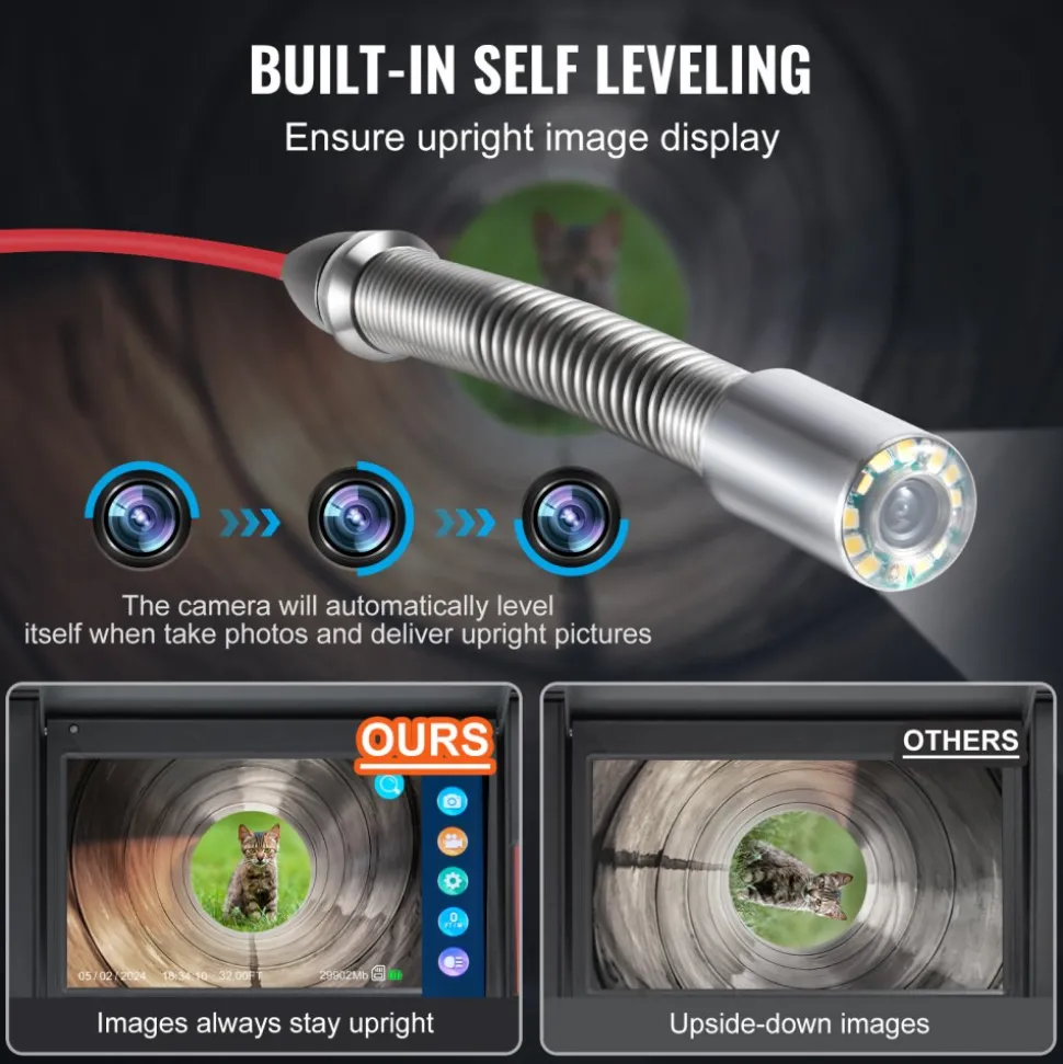 VEVOR Sewer Camera, 165 ft/50m, Self-Leveling Drain Camera with 10.1" Touchscreen, 512Hz Transmitter & Distance Counter, IP67 Snake Plumbing Camera with Lights-12 LED, 32GB Card for Duct Pipe
