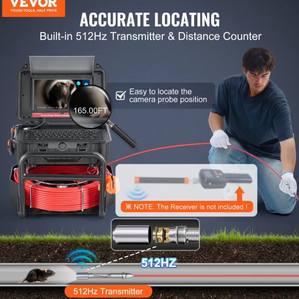 VEVOR Sewer Camera, 165 ft/50m, Self-Leveling Drain Camera with 10.1" Touchscreen, 512Hz Transmitter & Distance Counter, IP67 Snake Plumbing Camera with Lights-12 LED, 32GB Card for Duct Pipe