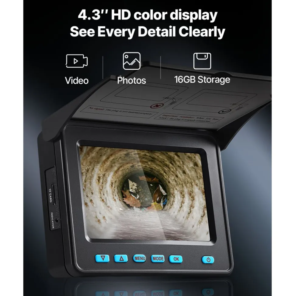 VEVOR Sewer Camera, 98 ft/30m, Self-Leveling Drain Inspection Camera with 9" 1080P HD Screen, 36X Zoom, IP68 Waterproof Plumbing Camera with Lights-12 LED, 32GB Card Snake Camera for Duct Pipe