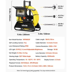 VEVOR Sewer Camera, 98 ft/30m, Self-Leveling Drain Inspection Camera with 9