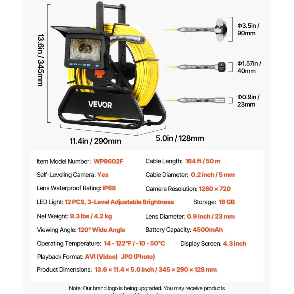 VEVOR Sewer Camera, 98 ft/30m, Self-Leveling Drain Inspection Camera with 9" 1080P HD Screen, 36X Zoom, IP68 Waterproof Plumbing Camera with Lights-12 LED, 32GB Card Snake Camera for Duct Pipe